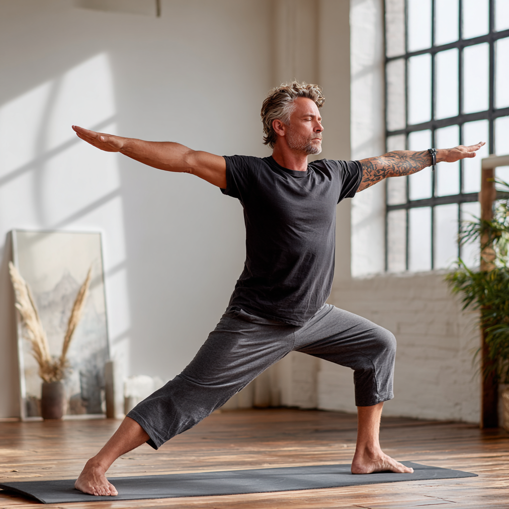 Focused man in his late 40s performing yoga warrior pose on mat in bright studio space with natural wooden floors