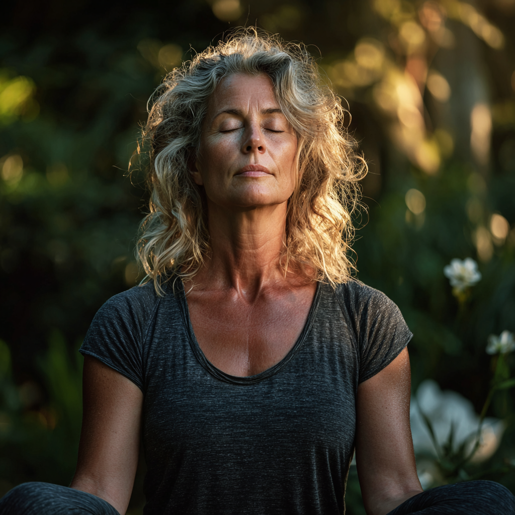 Peaceful middle-aged woman in her 50s practicing yoga meditation pose in serene outdoor setting with natural lighting