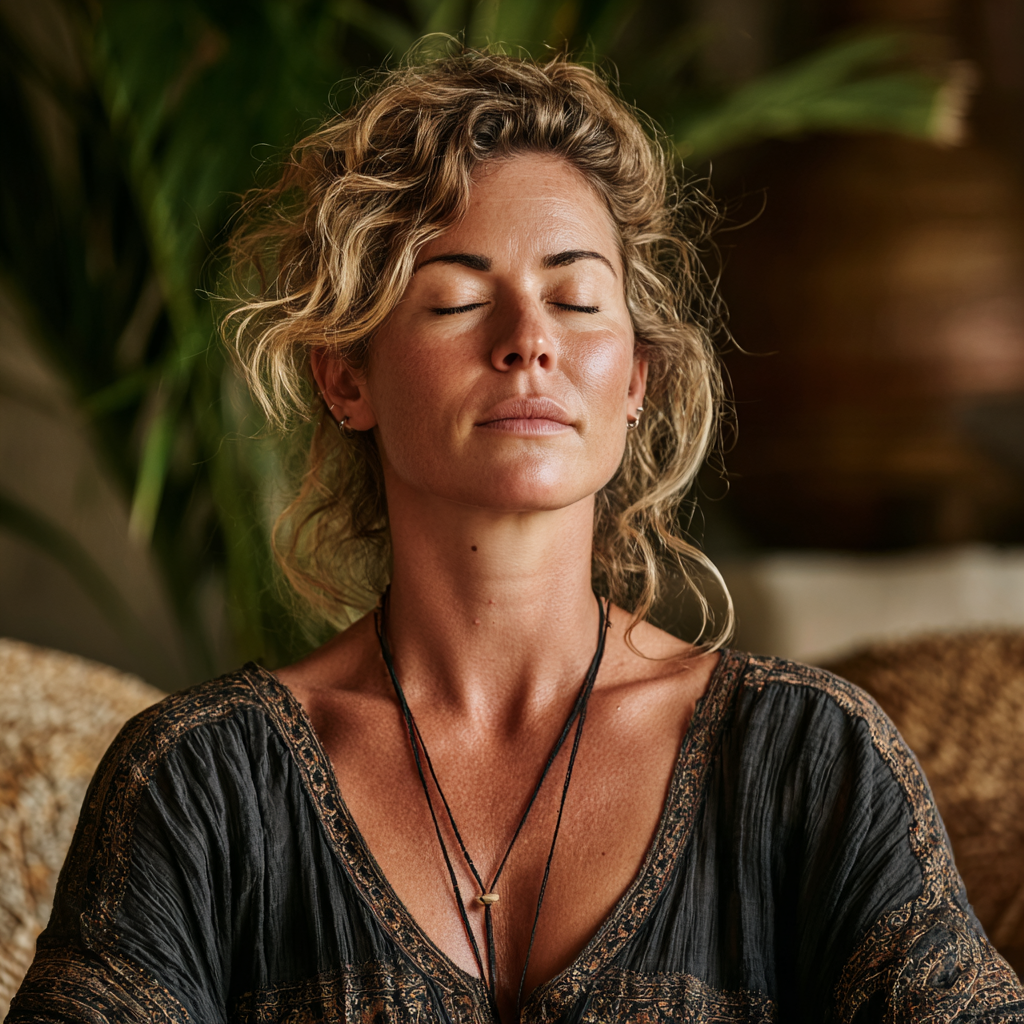 Serene woman around 45 years old sitting in lotus meditation position with eyes closed in peaceful indoor environment